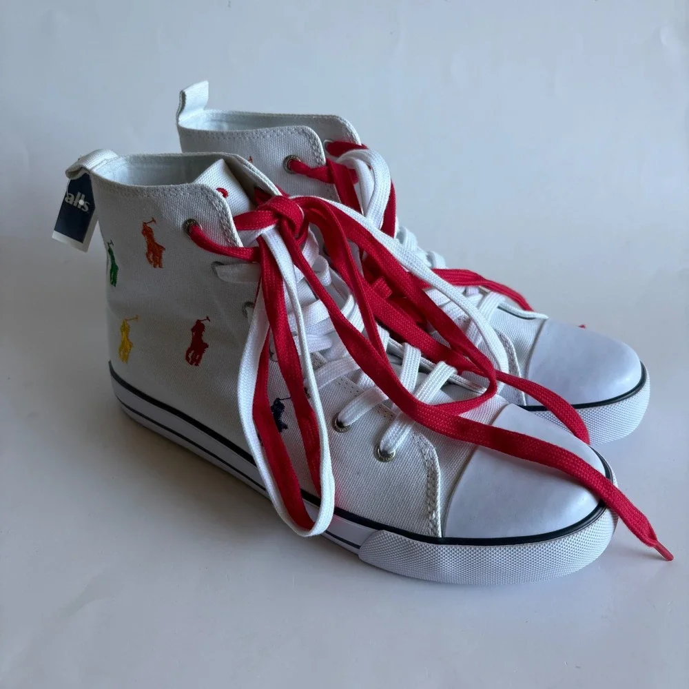 Polo Ralph Lauren Hamptyn Hi II White Canvas Multi Pony Sneakers Mens 7 NEW
